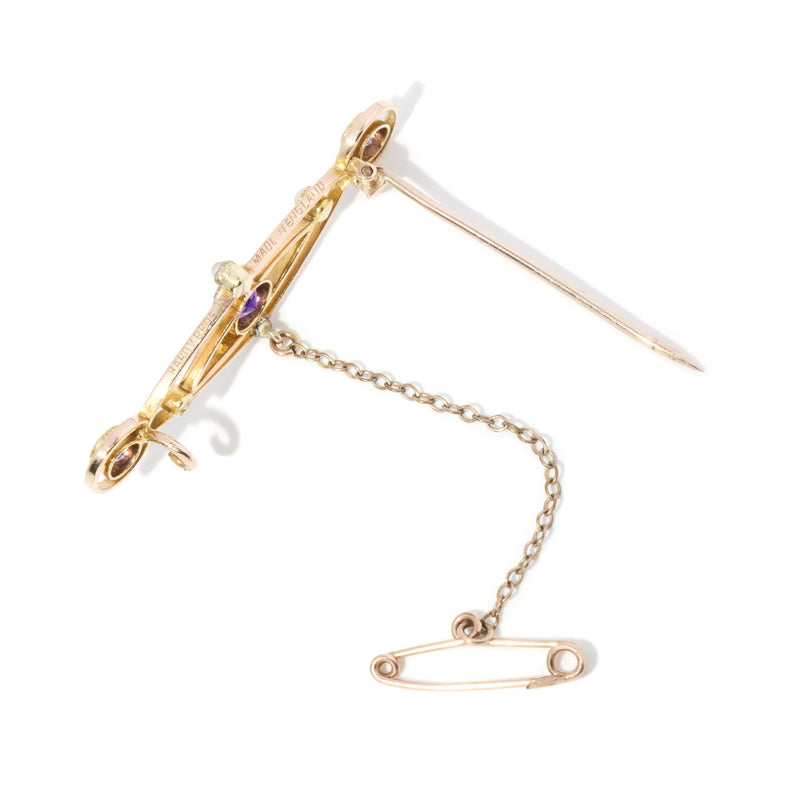 Vintage Circa 1930s Amethyst & Seed Pearl Brooch 15 Carat Gold