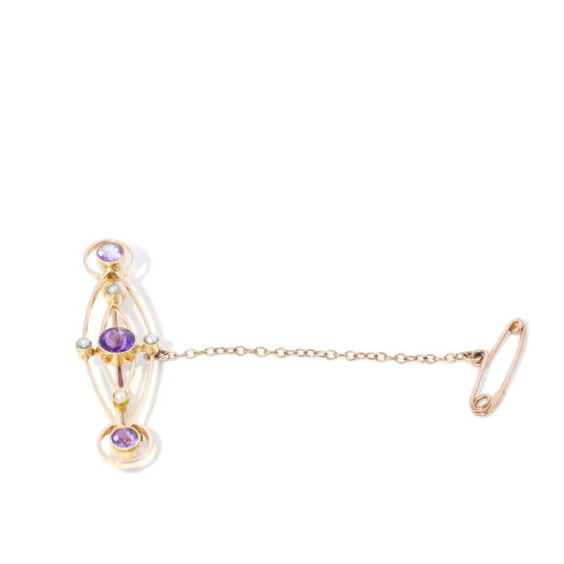 Vintage Circa 1930s Amethyst & Seed Pearl Brooch 15 Carat Gold