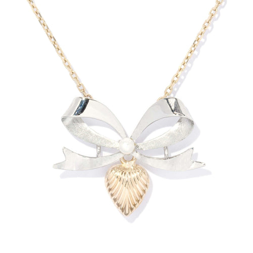 Daria Ribbon Bow & Fluted Heart Necklet 9K Two Tone Gold