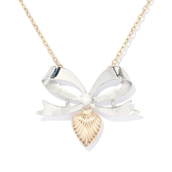Contemporary Bow & Heart Necklet 9 Carat Yellow & White Gold