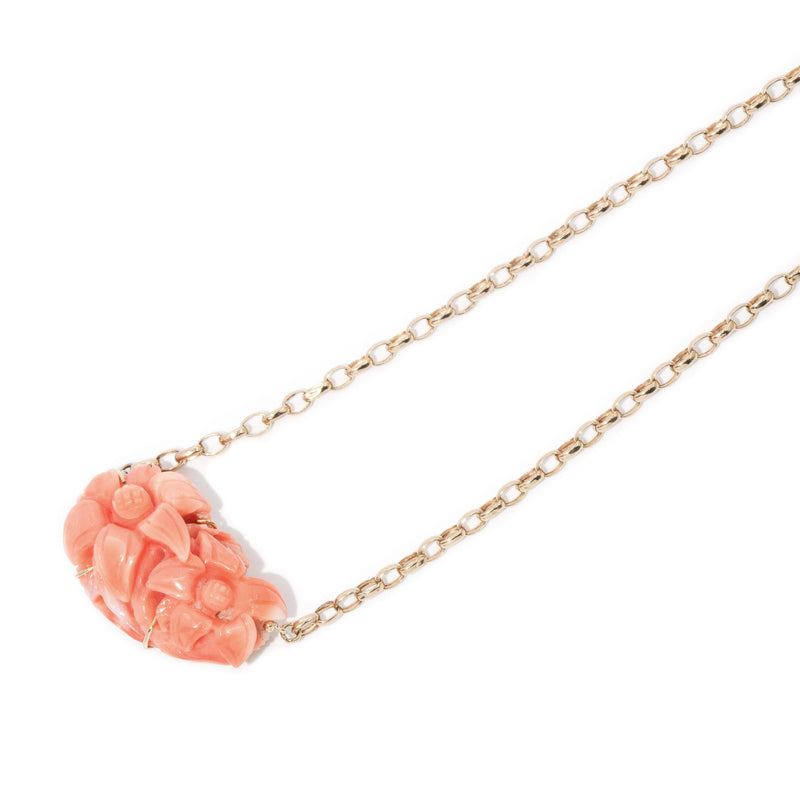 Vintage Circa 1970s Coral Twin Flower Necklet 18 Carat Yellow Gold
