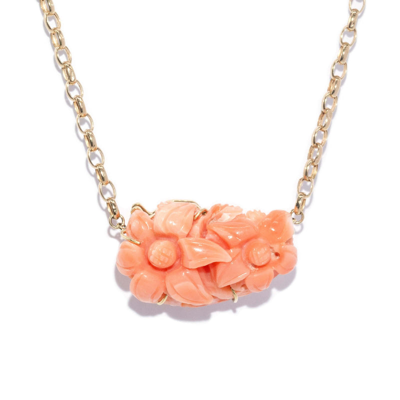 Vintage Circa 1970s Coral Twin Flower Necklet 18 Carat Yellow Gold