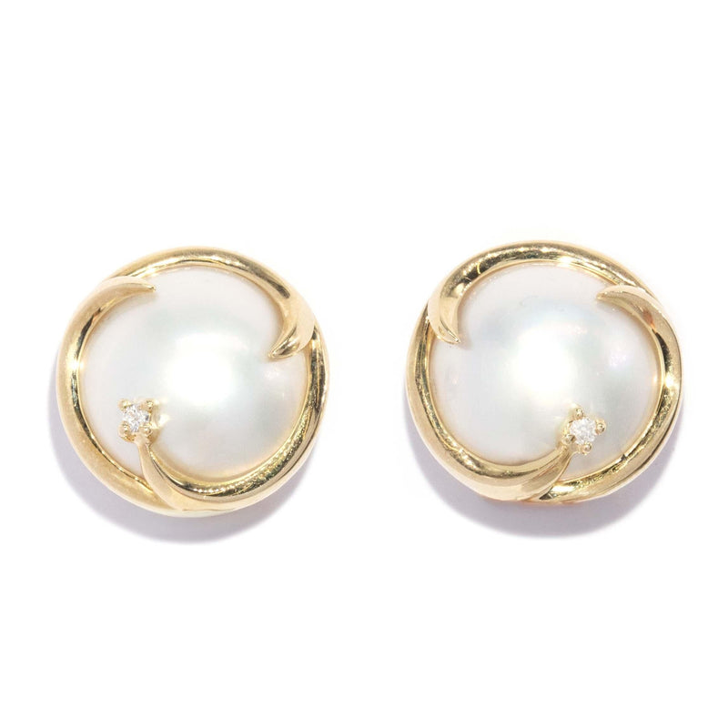 Vintage Circa 2000s Mabe Pearl & Diamond Earrings 14 Carat Gold