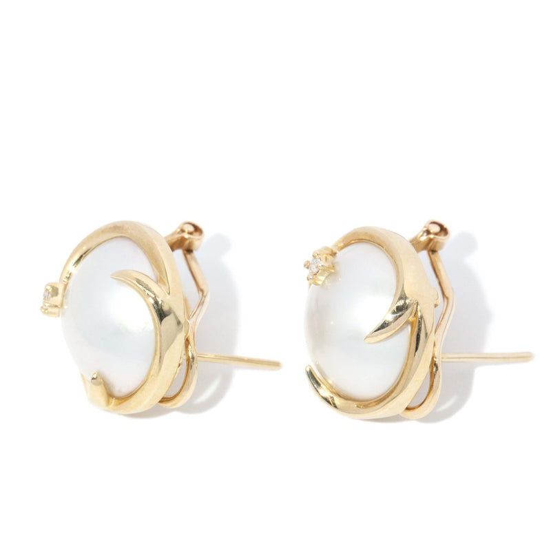 Vintage Circa 2000s Mabe Pearl & Diamond Earrings 14 Carat Gold