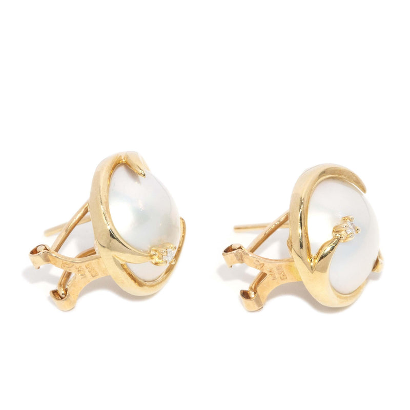 Vintage Circa 2000s Mabe Pearl & Diamond Earrings 14 Carat Gold