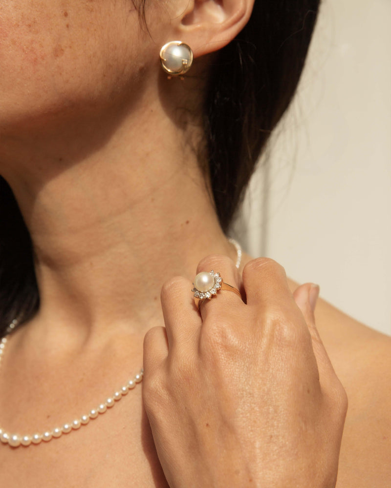 Vintage Circa 2000s Mabe Pearl & Diamond Earrings 14 Carat Gold