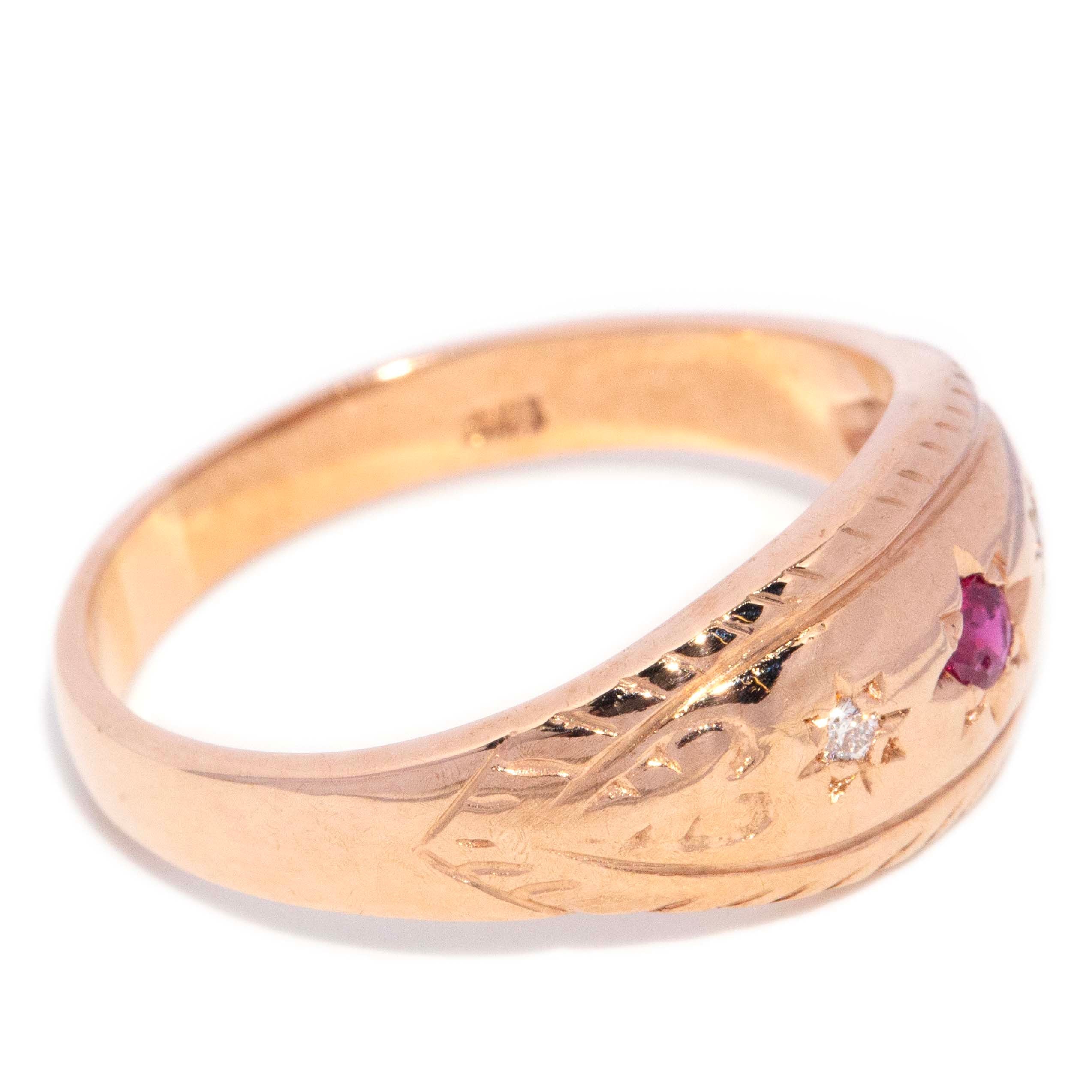 Darlene 1970s Ruby & Diamond Celestial Ring 9ct Rose Gold Rings Imperial Jewellery 