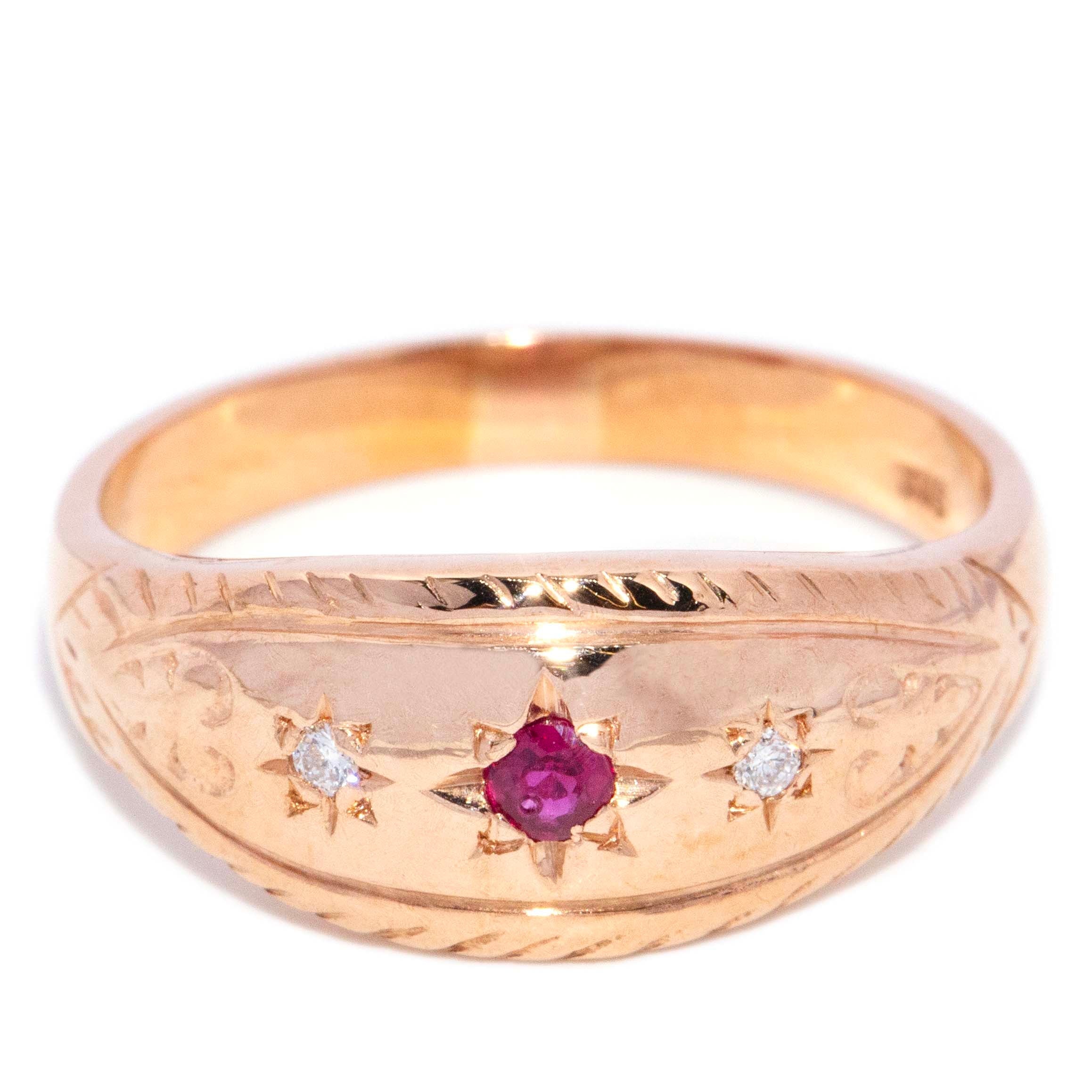 Darlene 1970s Ruby & Diamond Celestial Ring 9ct Rose Gold Rings Imperial Jewellery 