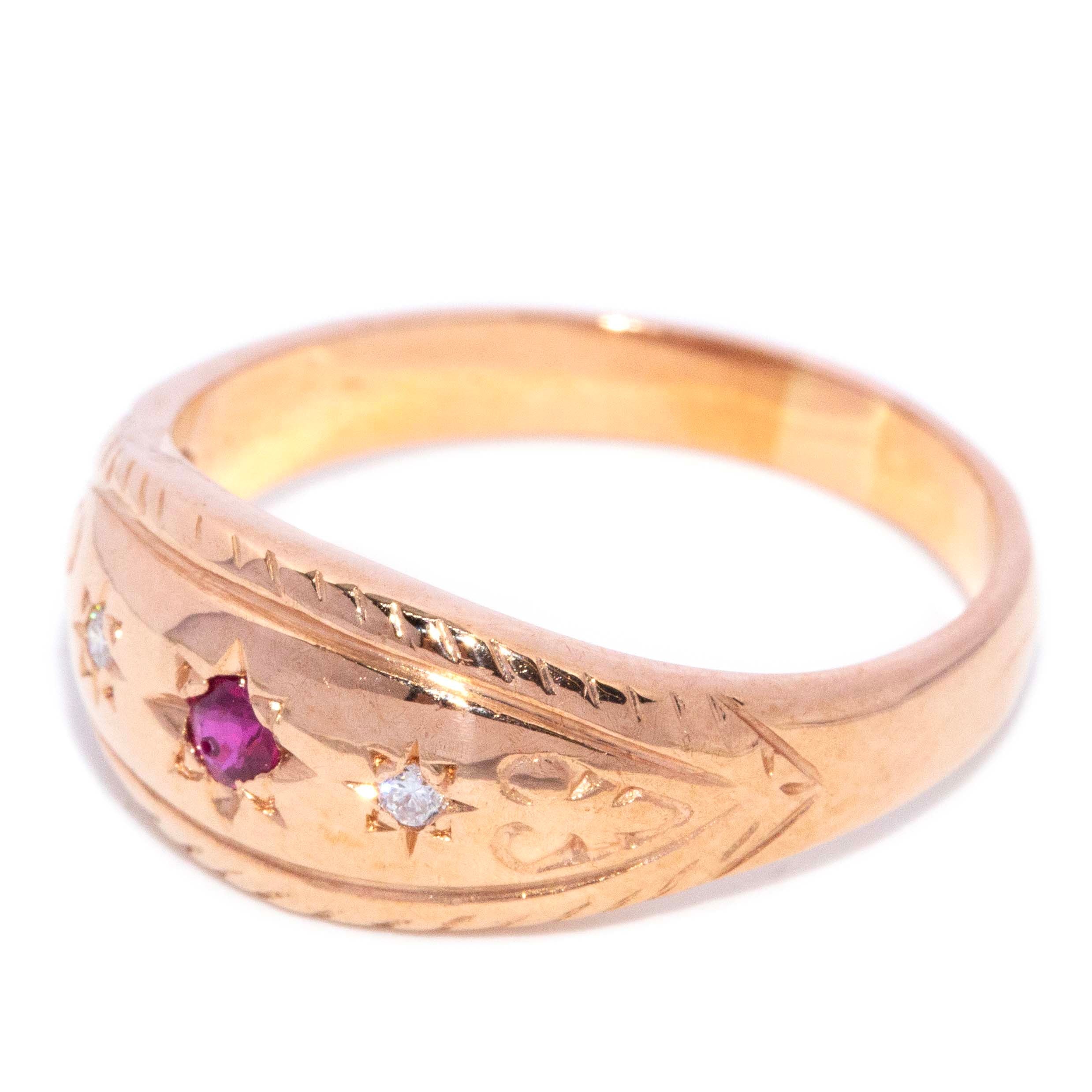 Darlene 1970s Ruby & Diamond Celestial Ring 9ct Rose Gold Rings Imperial Jewellery 