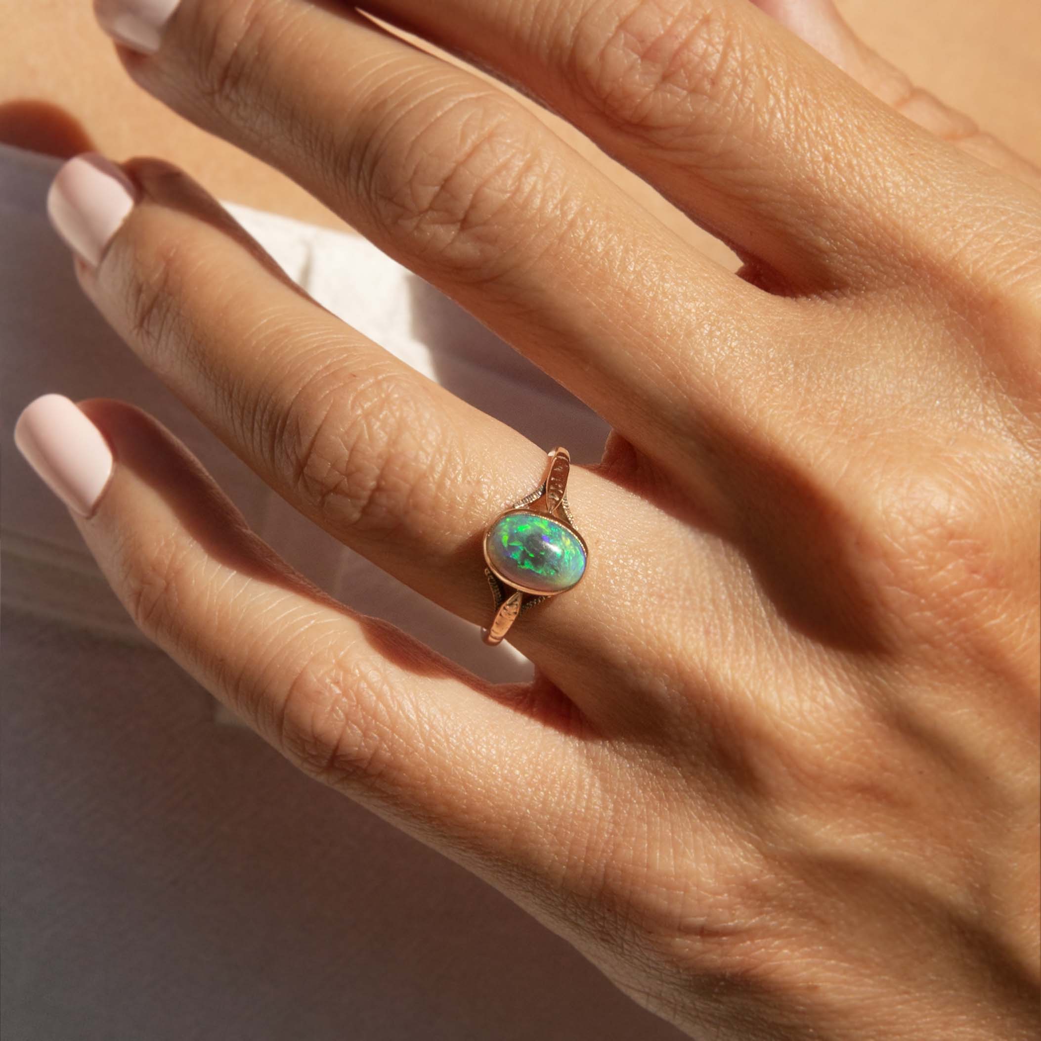 Della 1950s Opal Split Shoulder Ring 9ct Rose Gold Rings Imperial Jewellery 