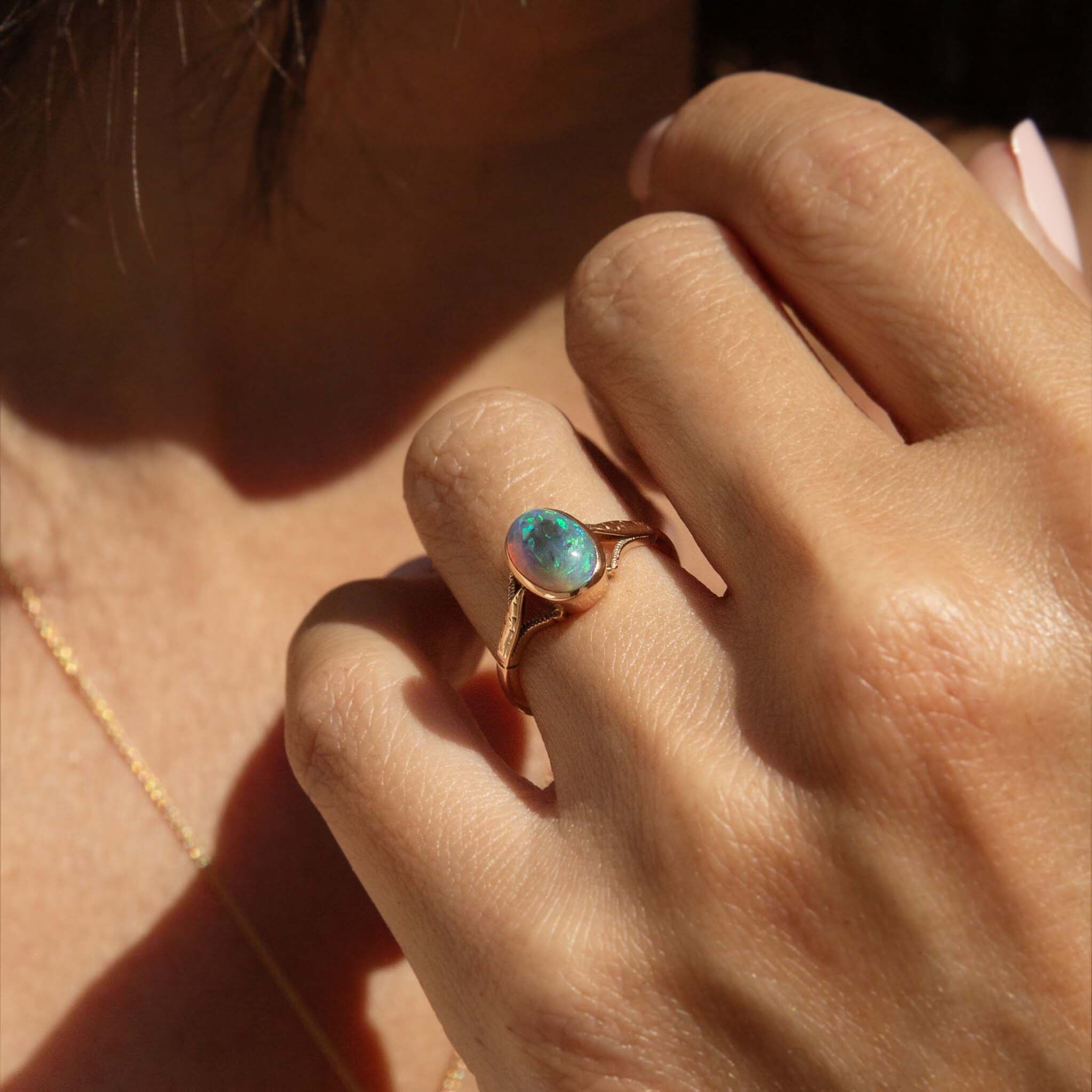 Della 1950s Opal Split Shoulder Ring 9ct Rose Gold Rings Imperial Jewellery 