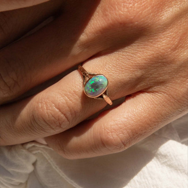 Della 1950s Opal Split Shoulder Ring 9ct Rose Gold Rings Imperial Jewellery 