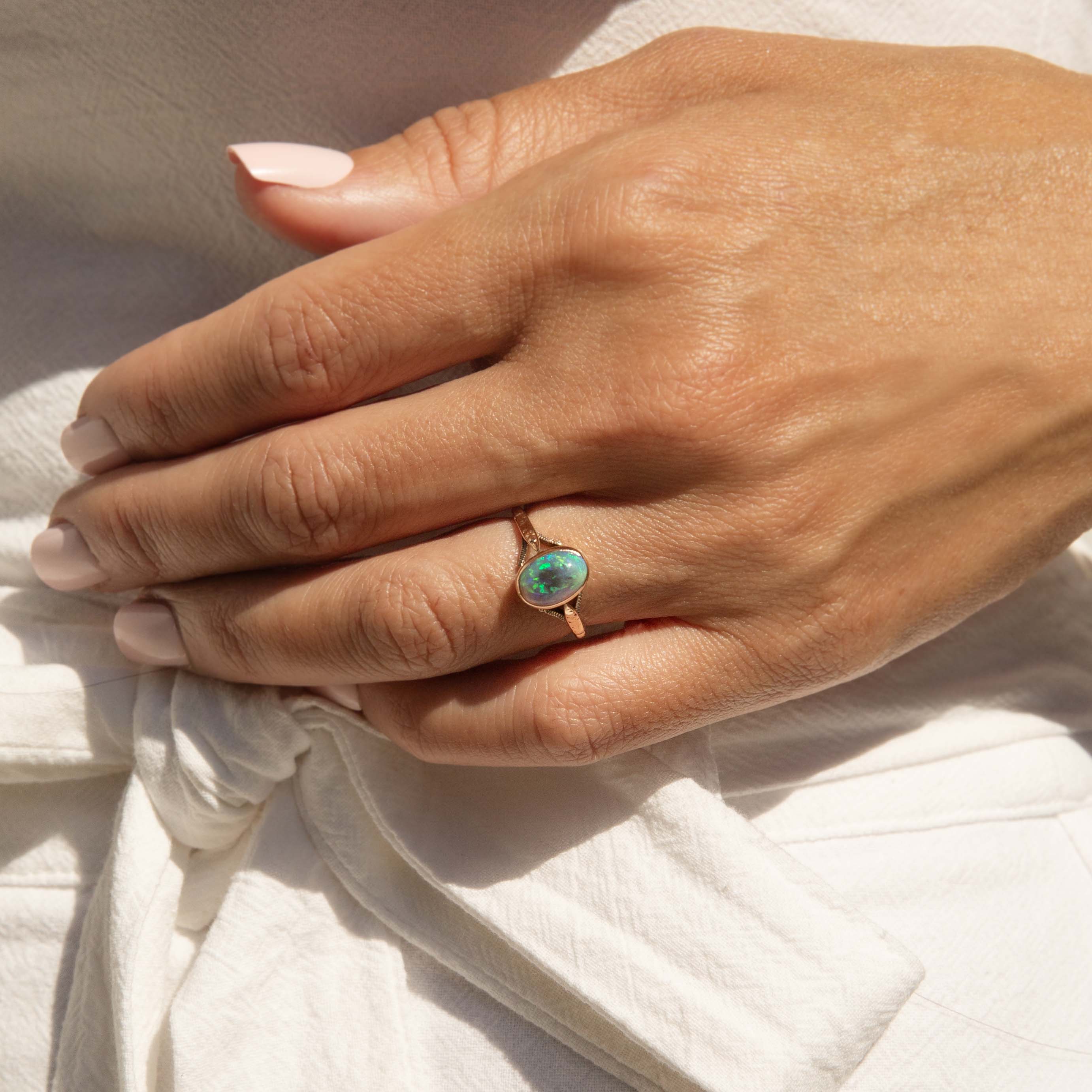 Della 1950s Opal Split Shoulder Ring 9ct Rose Gold Rings Imperial Jewellery 