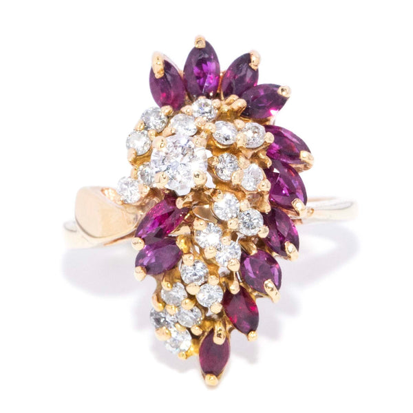Delphine Ruby & Diamond Plume Cluster Ring 14K Yellow Gold Rings Imperial Jewellery 