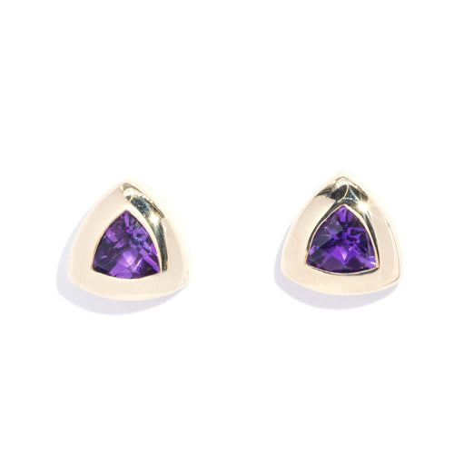 Demona Rubover Triangular Amethyst Studs 9K Yellow Gold
