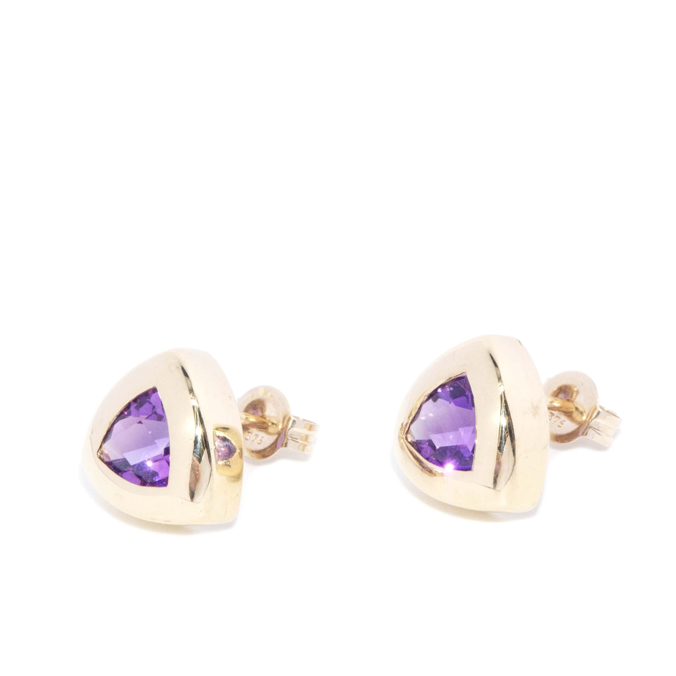 Contemporary Rubover Amethyst Studs 9 Carat Yellow Gold