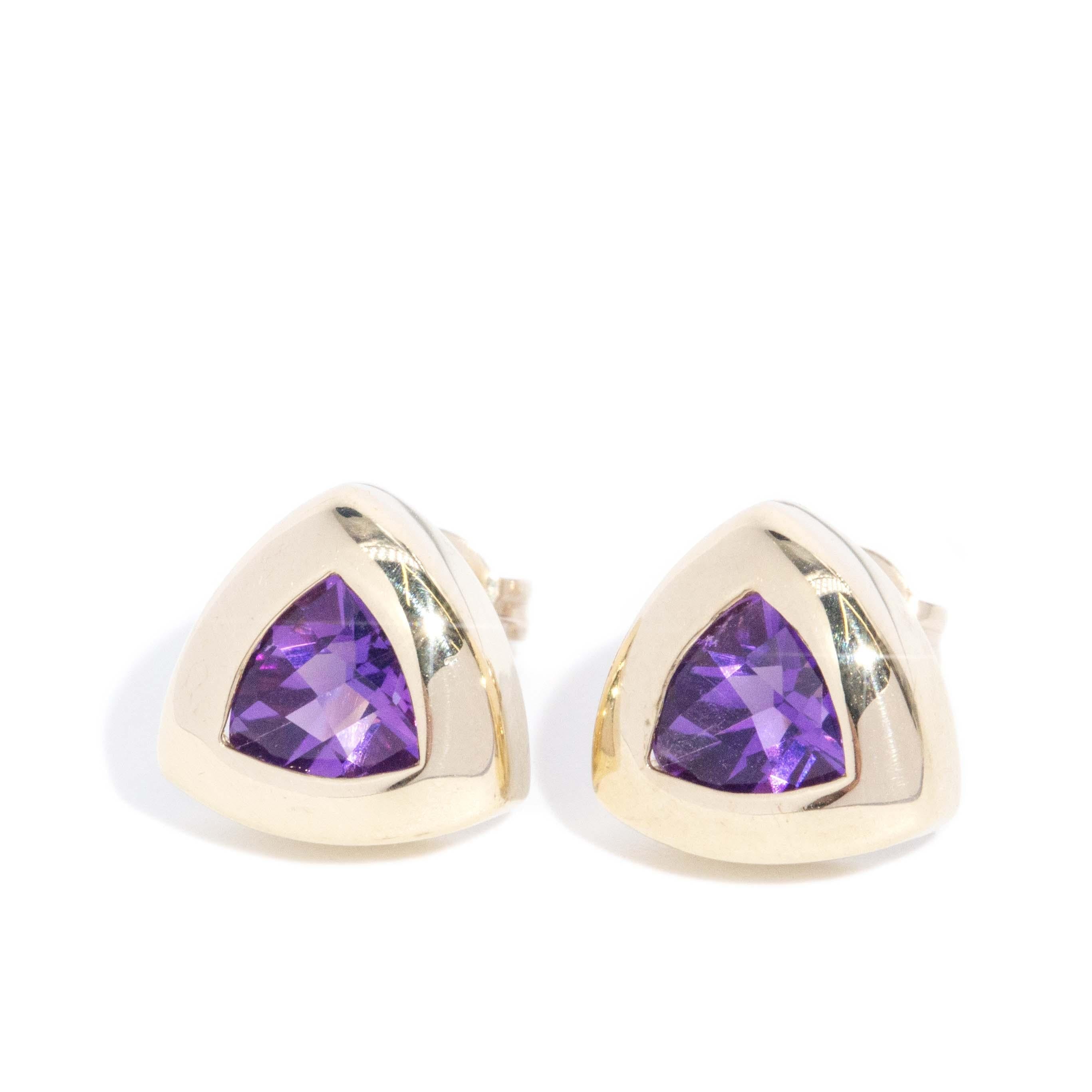 Contemporary Rubover Amethyst Studs 9 Carat Yellow Gold