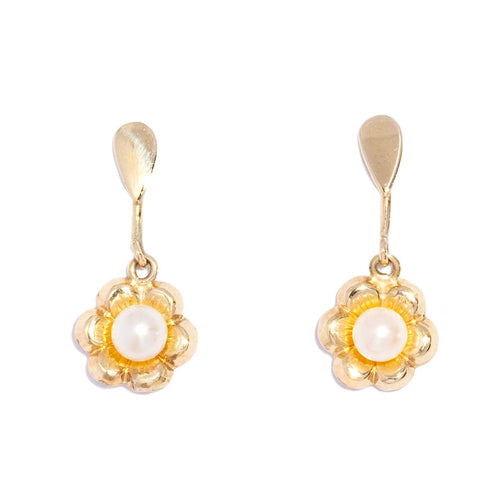 Denna Akoya Pearl Flower Drop Earrings 9K Yellow Gold