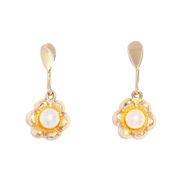 Denna Vintage Circa 1950s Akoya Pearl Openwork Flower Drop Earrings 9ct Yellow Gold Earrings Imperial Jewellery 