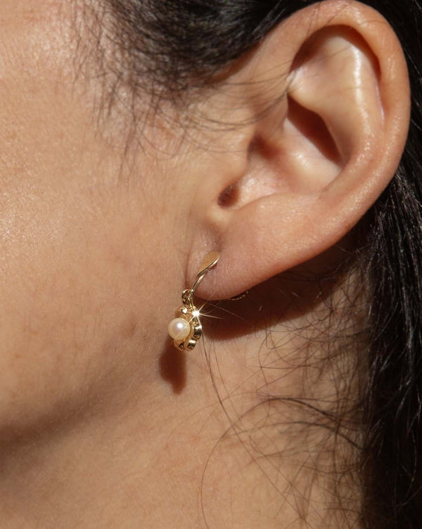 Denna Vintage Circa 1950s Akoya Pearl Openwork Flower Drop Earrings 9ct Yellow Gold Earrings Imperial Jewellery 