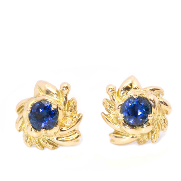 Diane 1990s Blue Sapphire Swirl Studs 18ct Gold Earrings Imperial Jewellery 