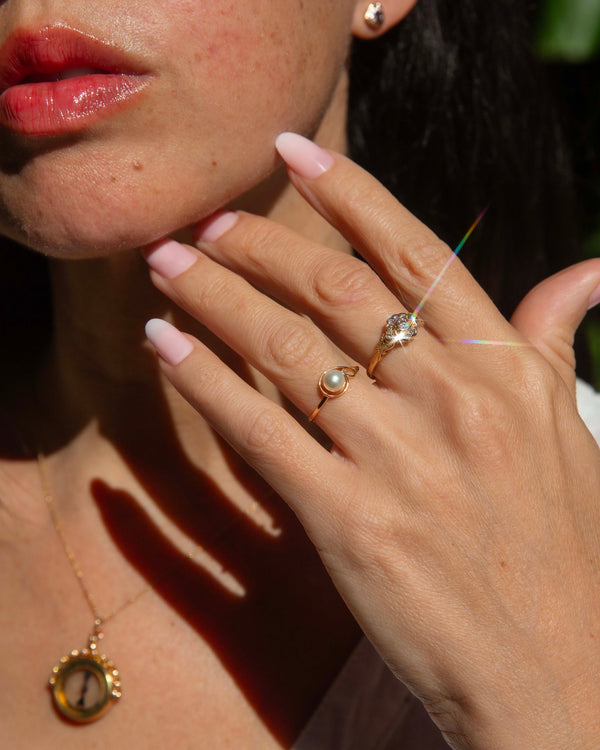 Dinah Vintage Circa 1990s Pearl & Diamond Openwork Ring 18ct Yellow Gold Rings Imperial Jewellery 