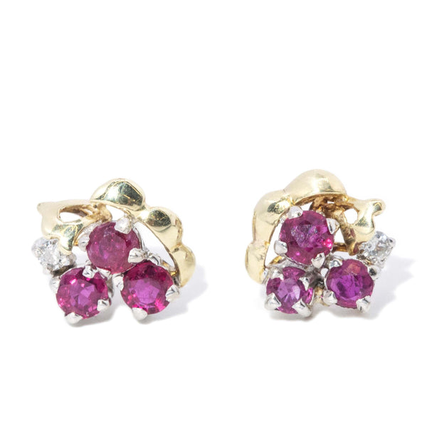 Vintage Circa 1970s Ruby & Diamond Studs 14 Carat Gold