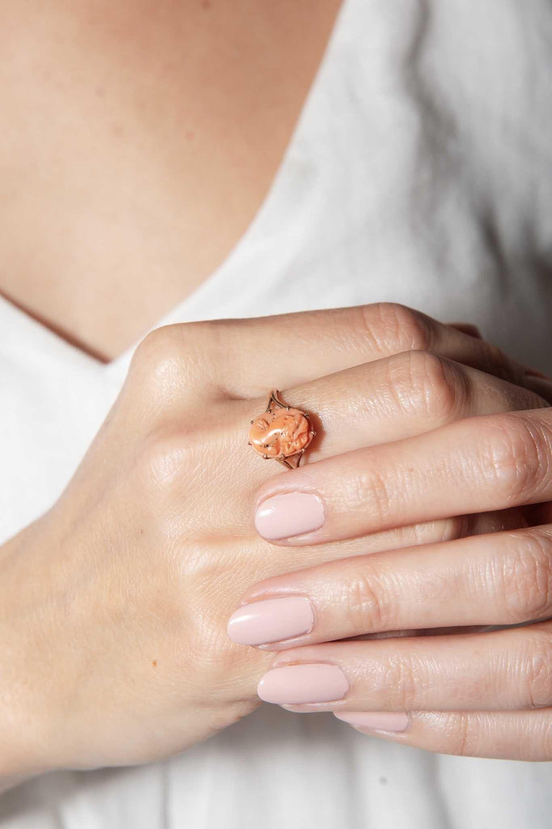 Dory 1960s Coral Cameo Ring 9ct Rose Gold