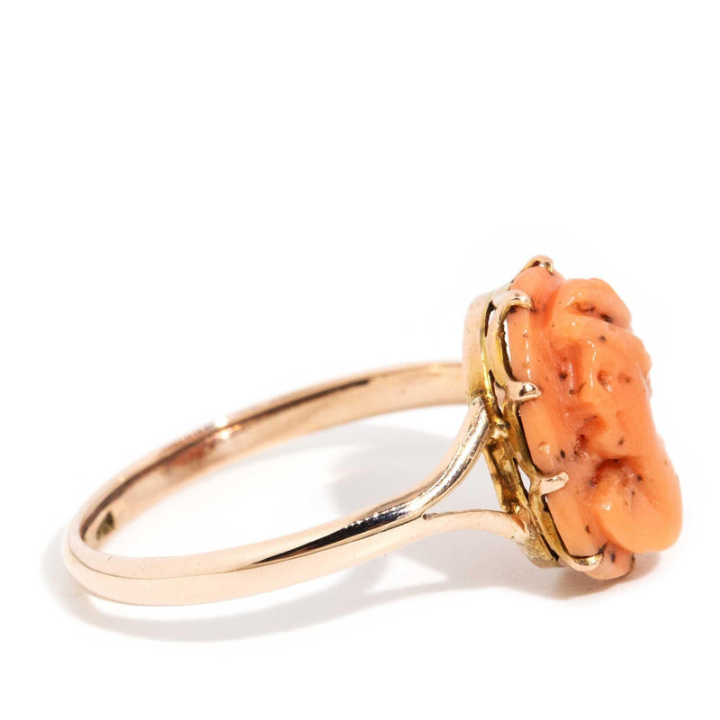 Dory 1960s Coral Cameo Ring 9ct Rose Gold