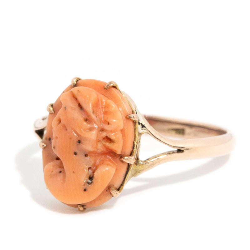 Dory 1960s Coral Cameo Ring 9ct Rose Gold