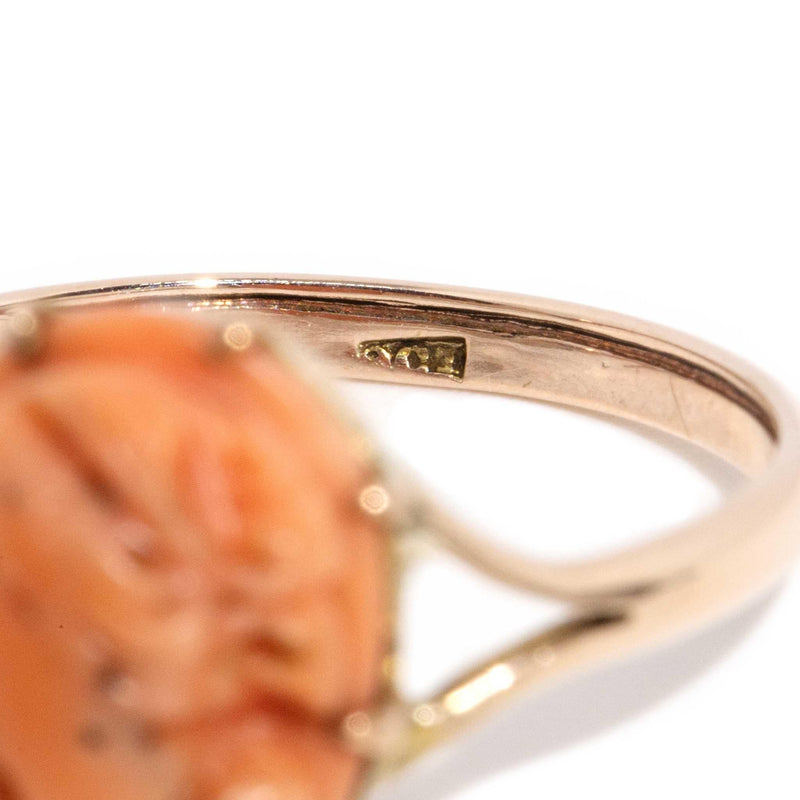 Dory 1960s Coral Cameo Ring 9ct Rose Gold