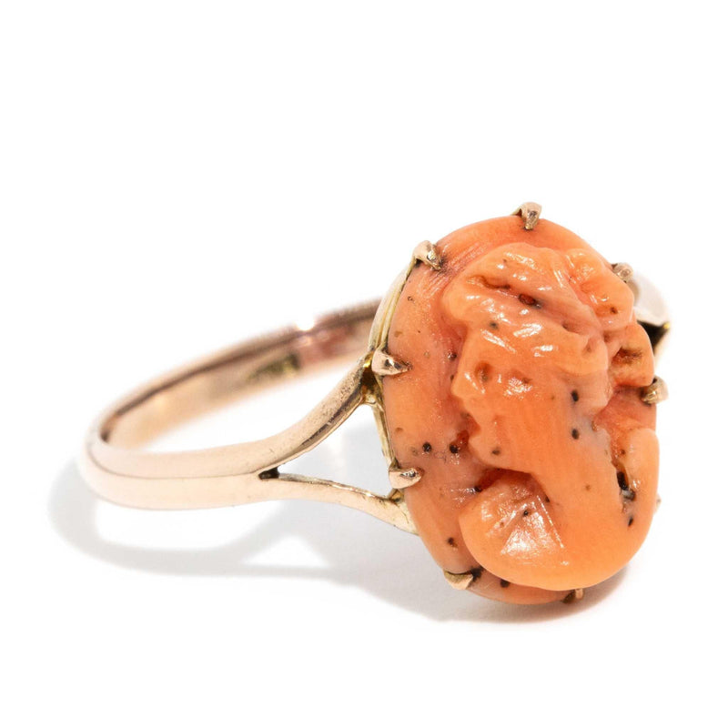 Dory 1960s Coral Cameo Ring 9ct Rose Gold