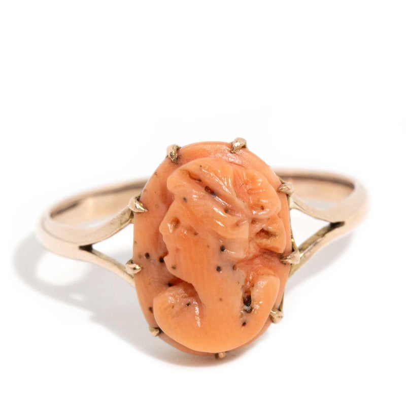 Dory 1960s Coral Cameo Ring 9ct Rose Gold