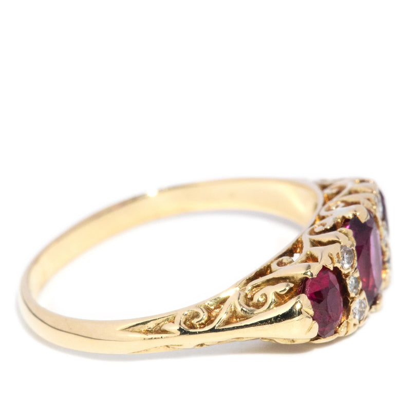 Vintage Circa 1970s Ruby & Diamond London Bridge Ring 18 Carat Gold