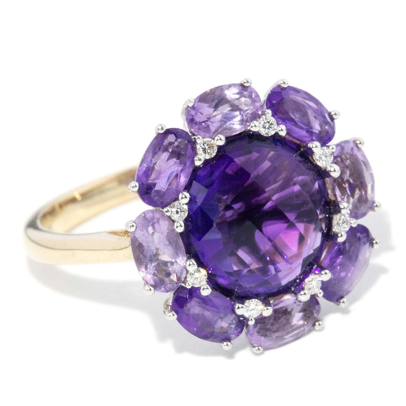 Vintage Circa 1980s Amethyst & Diamond Cluster Ring 9 Carat Gold