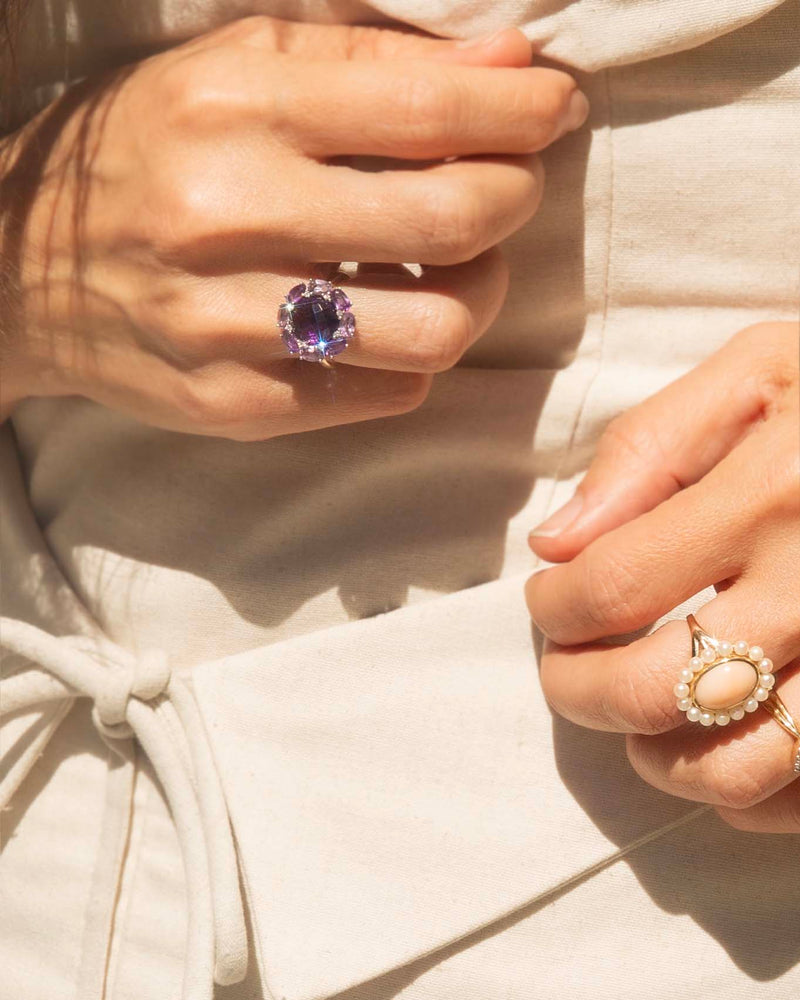 Eiril 1980s Amethyst & Diamond Cluster Ring 9ct Gold Ring Imperial Jewellery 