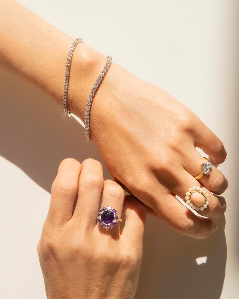 Eiril 1980s Amethyst & Diamond Cluster Ring 9ct Gold Ring Imperial Jewellery 
