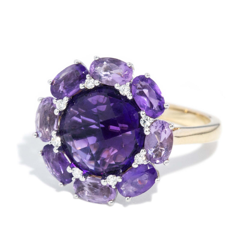 Vintage Circa 1980s Amethyst & Diamond Cluster Ring 9 Carat Gold