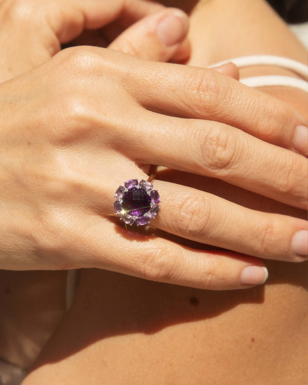 Eiril 1980s Amethyst & Diamond Cluster Ring 9ct Gold Ring Imperial Jewellery 
