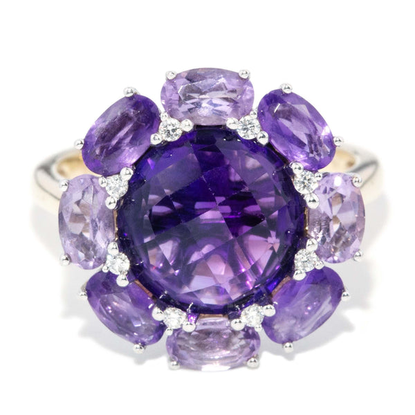 Vintage Circa 1980s Amethyst & Diamond Cluster Ring 9 Carat Gold