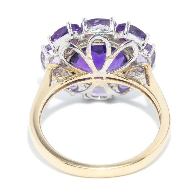 Vintage Circa 1980s Amethyst & Diamond Cluster Ring 9 Carat Gold