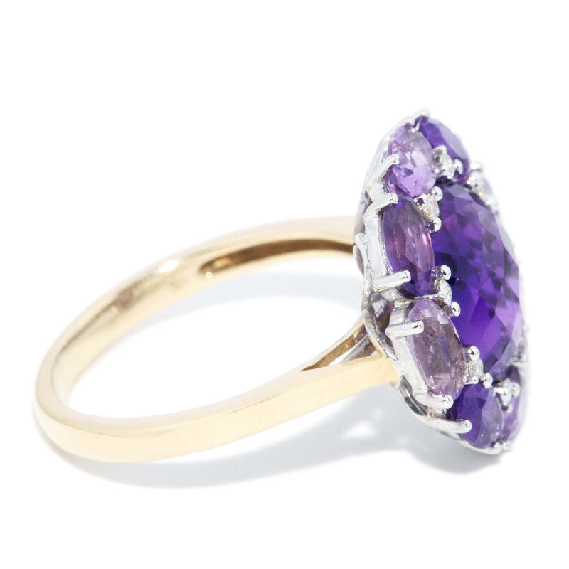 Vintage Circa 1980s Amethyst & Diamond Cluster Ring 9 Carat Gold