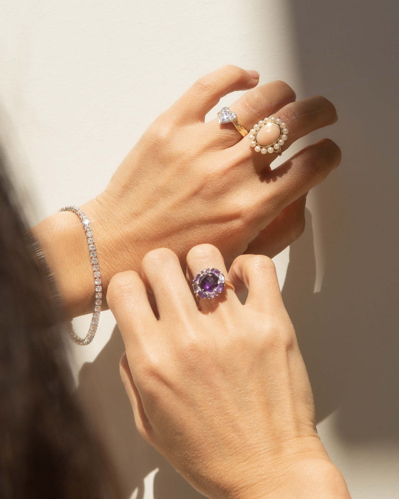 Eiril 1980s Amethyst & Diamond Cluster Ring 9ct Gold Ring Imperial Jewellery 