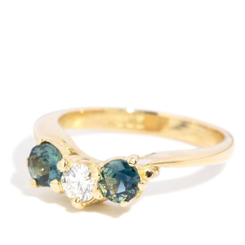 Contemporary Teal Sapphire & Diamond Ring 18 Carat Yellow Gold