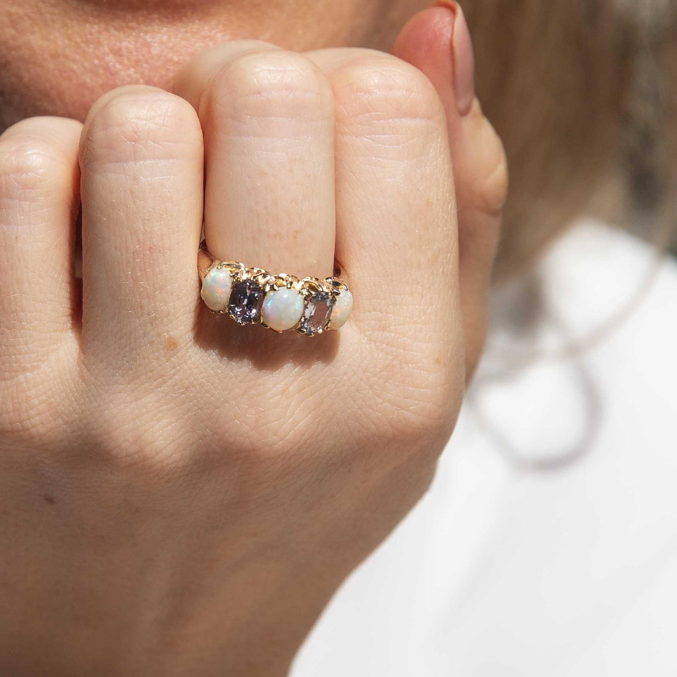 Elise 1960s Solid Australian Opal & Sapphire Ring 18ct Gold