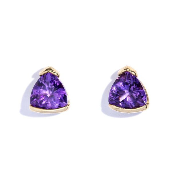 Contemporary Trilliant Amethyst Studs 9 Carat Yellow Gold