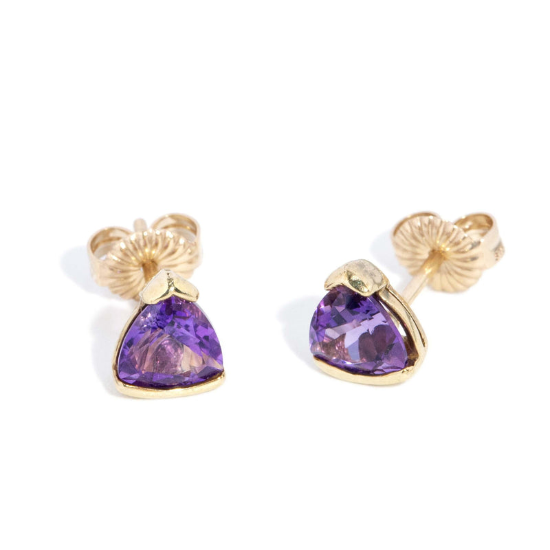 Contemporary Trilliant Amethyst Studs 9 Carat Yellow Gold