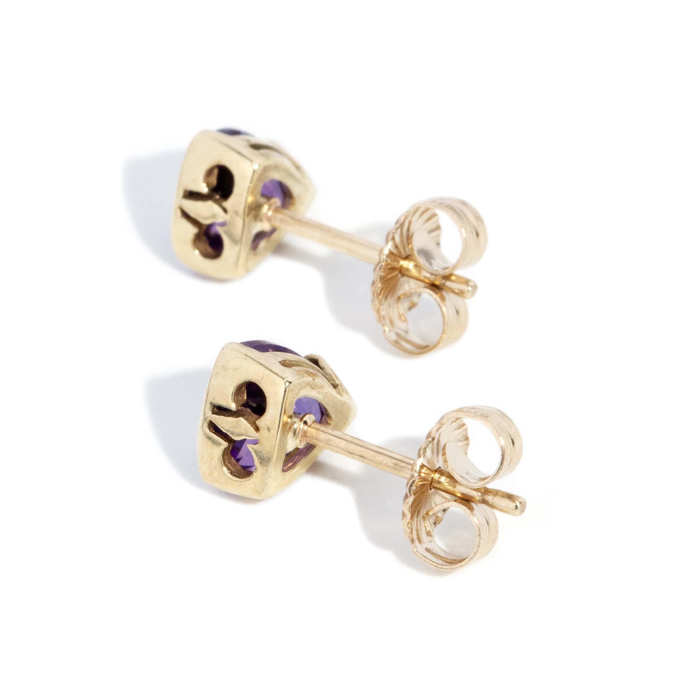 Contemporary Trilliant Amethyst Studs 9 Carat Yellow Gold