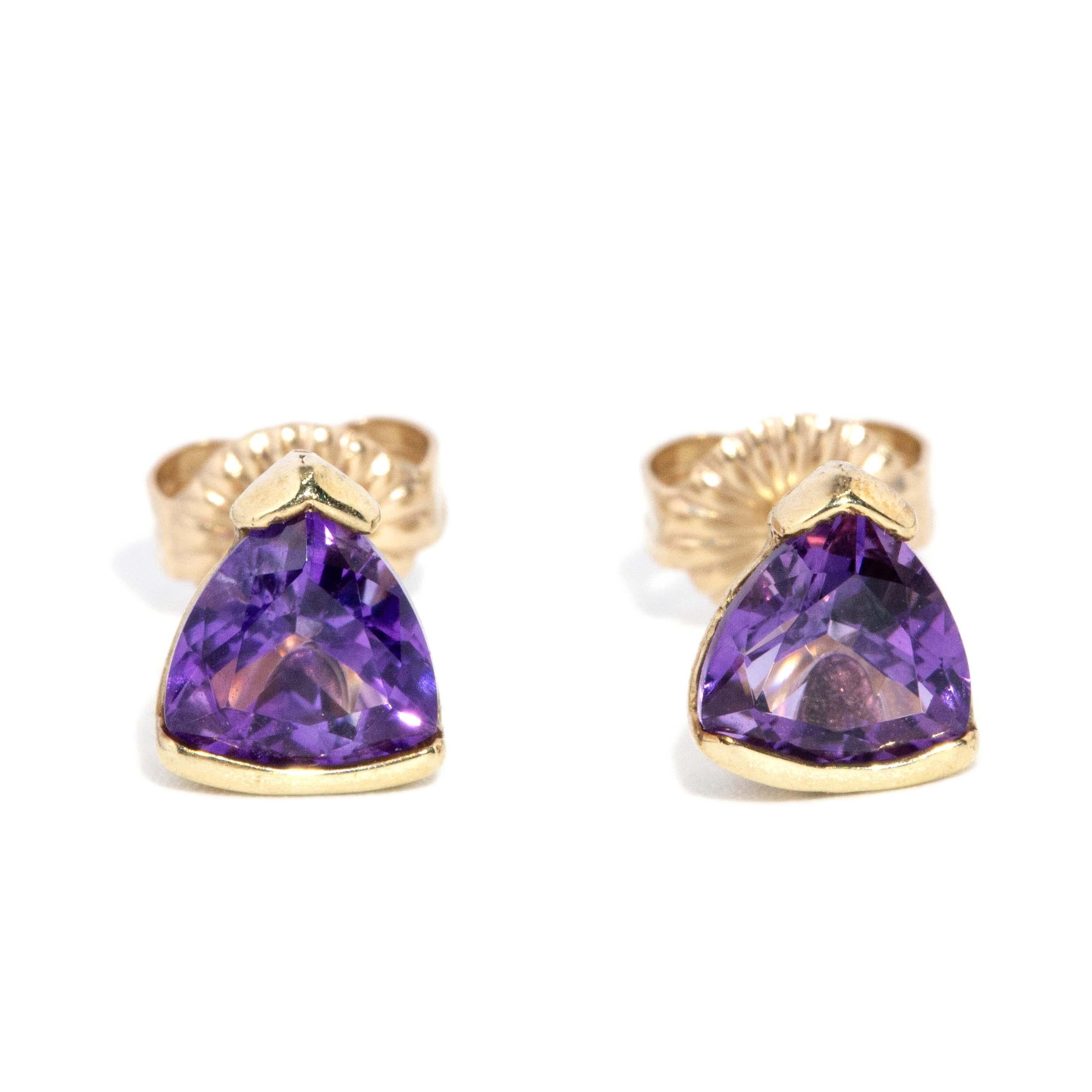 Contemporary Trilliant Amethyst Studs 9 Carat Yellow Gold