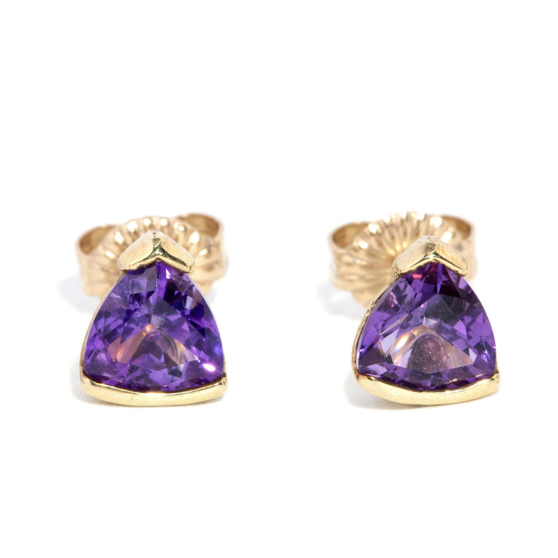 Contemporary Trilliant Amethyst Studs 9 Carat Yellow Gold